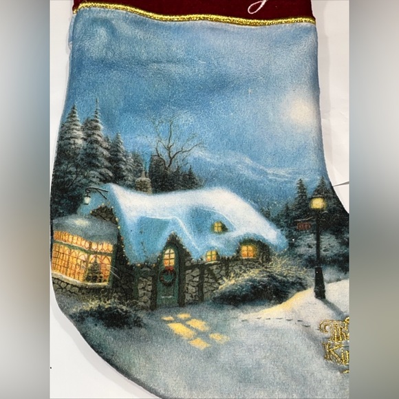 THOMAS KINKADE Silent Night Christmas Stocking Gold Embroidery 15" Satin Lining - Picture 7 of 13